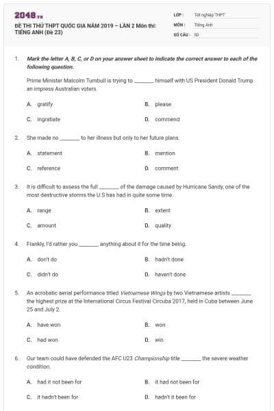 ĐỀ THI THỬ THPT QUỐC GIA NĂM 2019 – LẦN 2 Môn thi: TIẾNG ANH (Đề 23)