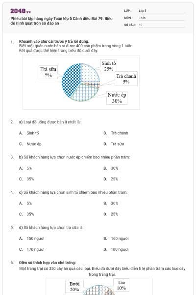 Phiếu bài tập hàng ngày Toán lớp 5 Cánh diều Bài 79. Biểu đồ hình quạt tròn có đáp án