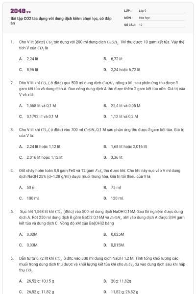 Bài tập CO2 tác dụng với dung dịch kiềm chọn lọc, có đáp án