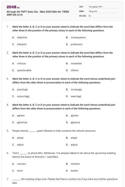 Đề luyện thi THPT Quốc Gia - Năm 2020 Môn thi: TIẾNG ANH (Đề số 6)