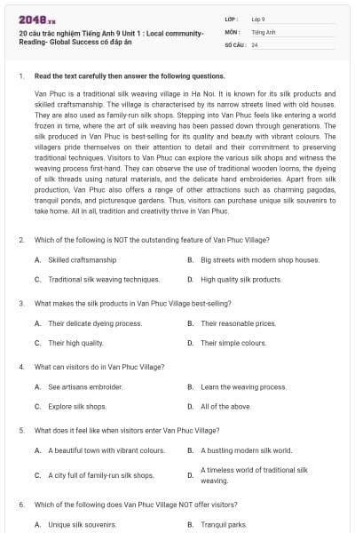 20 câu trắc nghiệm Tiếng Anh 9 Unit 1 : Local community-Reading- Global Success có đáp án