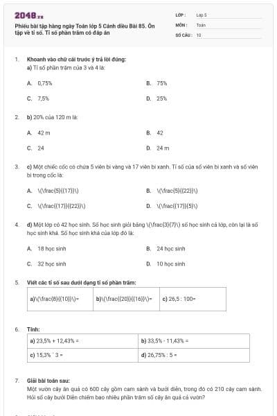 Phiếu bài tập hàng ngày Toán lớp 5 Cánh diều Bài 85. Ôn tập về tỉ số. Tỉ số phần trăm có đáp án