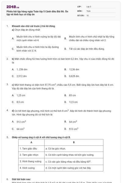 Phiếu bài tập hàng ngày Toán lớp 5 Cánh diều Bài 86. Ôn tập về hình học có đáp án