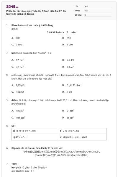 Phiếu bài tập hàng ngày Toán lớp 5 Cánh diều Bài 87. Ôn tập về đo lường có đáp án