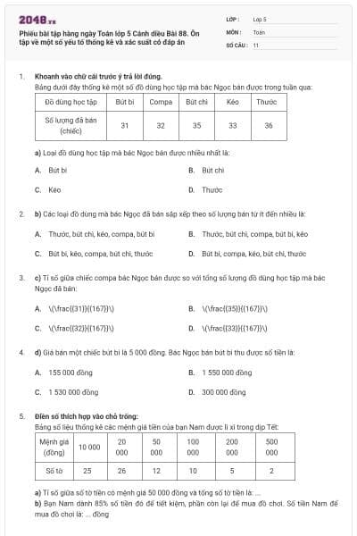 Phiếu bài tập hàng ngày Toán lớp 5 Cánh diều Bài 88. Ôn tập về một số yếu tố thống kê và xác suất có đáp án