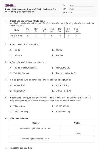Phiếu bài tập hàng ngày Toán lớp 5 Cánh diều Bài 89. Em ôn lại những gì đã học có đáp án