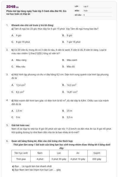 Phiếu bài tập hàng ngày Toán lớp 5 Cánh diều Bài 90. Em vui học toán có đáp án