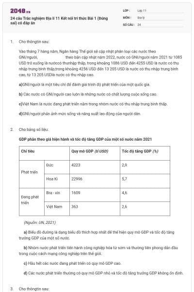 24 câu Trắc nghiệm Địa lí 11 Kết nối tri thức Bài 1 (Đúng sai) có đáp án