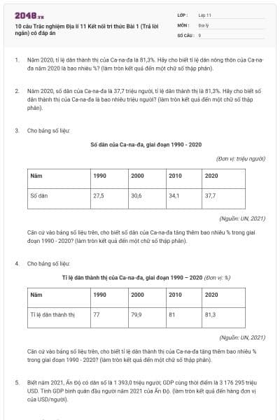 10 câu Trắc nghiệm Địa lí 11 Kết nối tri thức Bài 1 (Trả lời ngắn) có đáp án