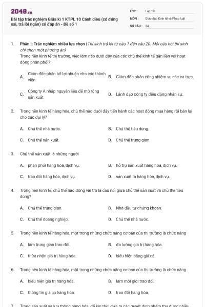 Bài tập trắc nghiệm Giữa kì 1 KTPL 10 Cánh diều (có đúng sai, trả lời ngắn) có đáp án - Đề số 1