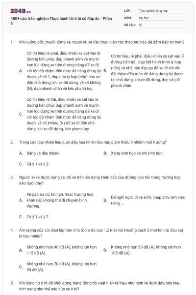 400+ câu trắc nghiệm Thực hành lái ô tô có đáp án - Phần 6