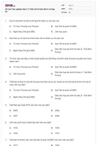 60 câu Trắc nghiệm Địa lí 11 Kết nối tri thức Bài 4 có đáp án