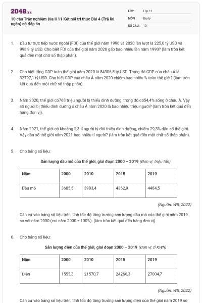 10 câu Trắc nghiệm Địa lí 11 Kết nối tri thức Bài 4 (Trả lời ngắn) có đáp án