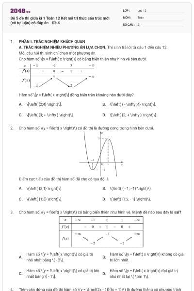 Bộ 5 đề thi giữa kì 1 Toán 12 Kết nối tri thức cấu trúc mới (có tự luận) có đáp án - Đề 4