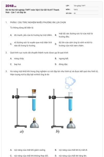 Đề thi thử tốt nghiệp THPT môn Vật lí Sở GD Và ĐT Thanh Hoá - Lần 1 có đáp án