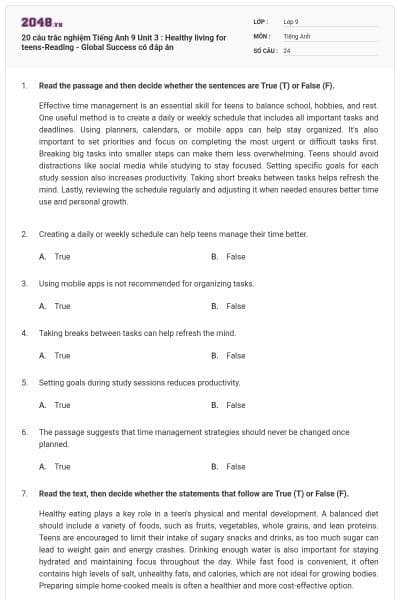 20 câu trắc nghiệm Tiếng Anh 9 Unit 3 : Healthy living for teens-Reading - Global Success có đáp án
