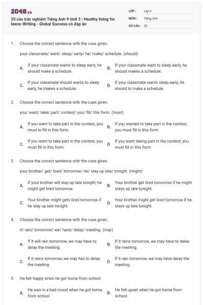 20 câu trắc nghiệm Tiếng Anh 9 Unit 3 : Healthy living for teens-Writing - Global Success có đáp án