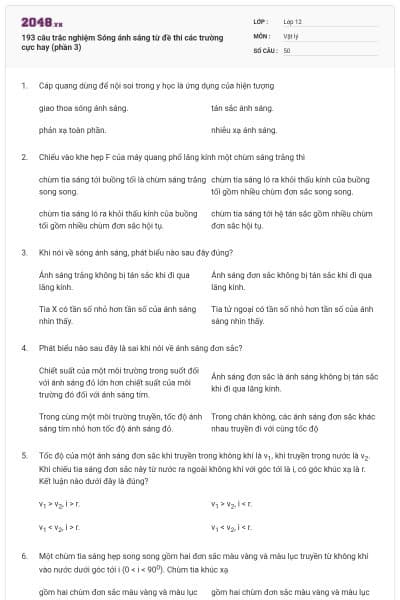 193 câu trắc nghiệm Sóng ánh sáng từ đề thi các trường cực hay (phần 3)