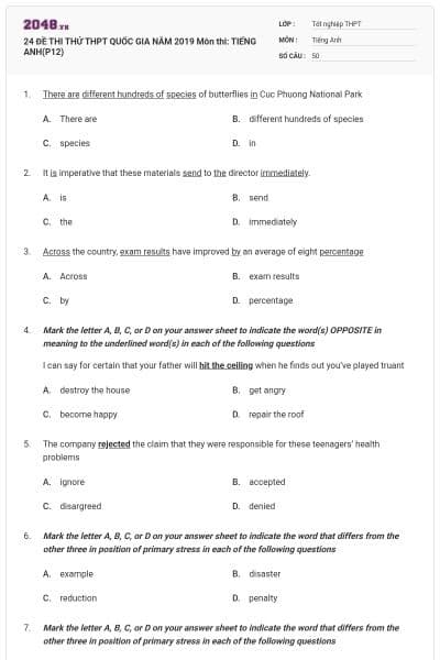 24 ĐỀ THI THỬ THPT QUỐC GIA NĂM 2019 Môn thi: TIẾNG ANH(P12)