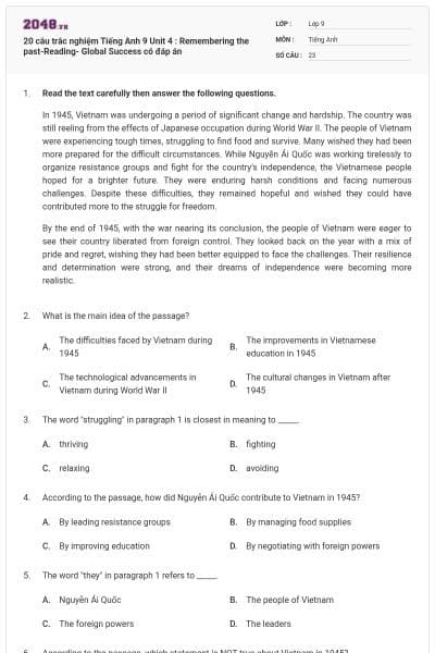 20 câu trắc nghiệm Tiếng Anh 9 Unit 4 : Remembering the past-Reading- Global Success có đáp án