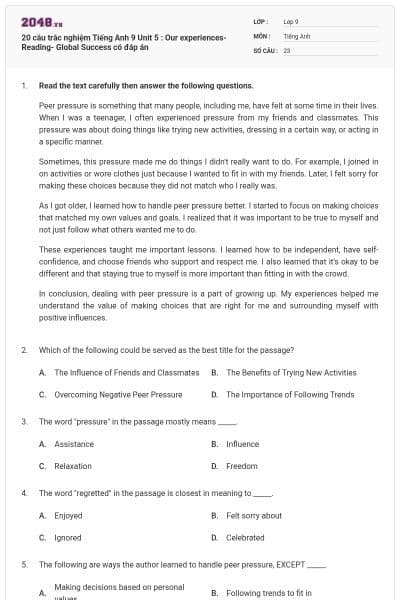 20 câu trắc nghiệm Tiếng Anh 9 Unit 5 : Our experiences-Reading- Global Success có đáp án