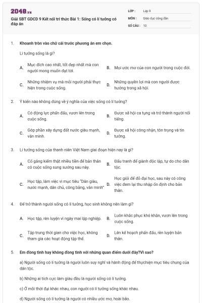 Giải SBT GDCD 9 Kết nối tri thức Bài 1: Sống có lí tưởng có đáp án