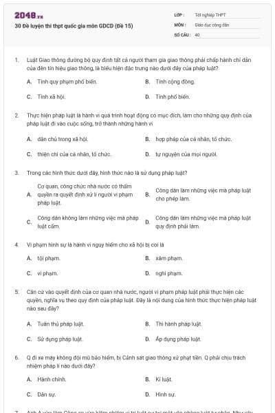 30 Đề luyện thi thpt quốc gia môn GDCD (Đề 15)