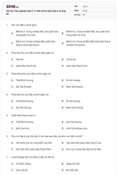49 câu Trắc nghiệm Địa lí 11 Kết nối tri thức Bài 6 có đáp án
