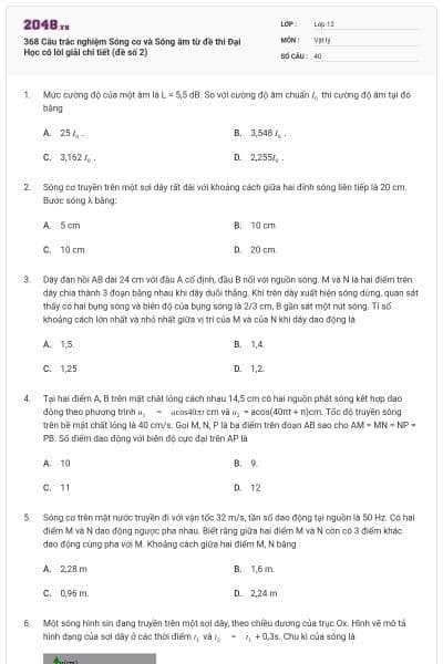 368 Câu trắc nghiệm Sóng cơ và Sóng âm từ đề thi Đại Học có lời giải chi tiết (đề số 2)