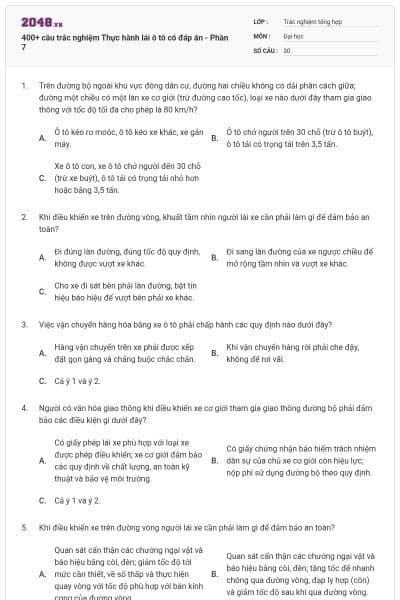 400+ câu trắc nghiệm Thực hành lái ô tô có đáp án - Phần 7