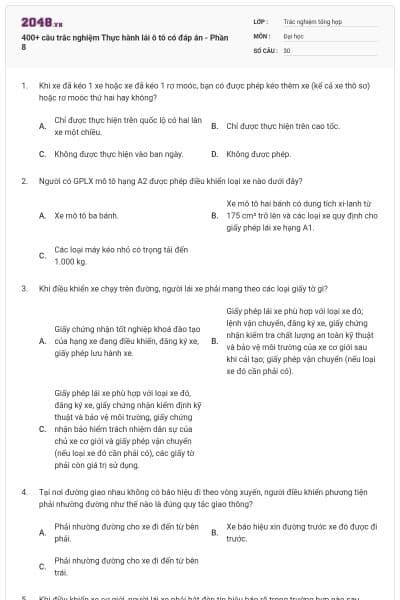 400+ câu trắc nghiệm Thực hành lái ô tô có đáp án - Phần 8