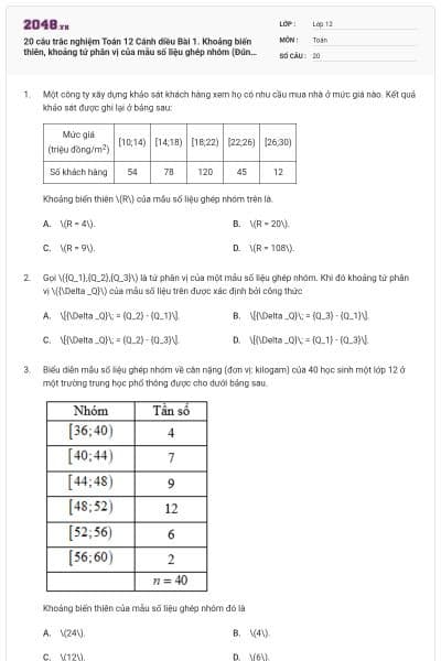 20 câu trắc nghiệm Toán 12 Cánh diều Bài 1. Khoảng biến thiên, khoảng tứ phân vị của mẫu số liệu ghép nhóm (Đúng sai - Trả lời ngắn) có đáp án