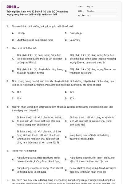 Trắc nghiệm Sinh Học 12 Bài 45 (có đáp án) Dòng năng lượng trong hệ sinh thái và hiệu suất sinh thái