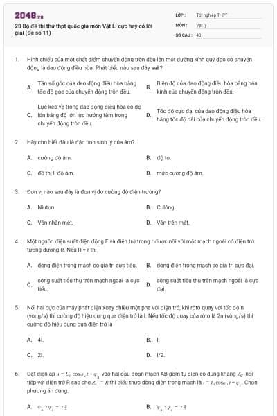 20 Bộ đề thi thử thpt quốc gia môn Vật Lí cực hay có lời giải (Đề số 11)