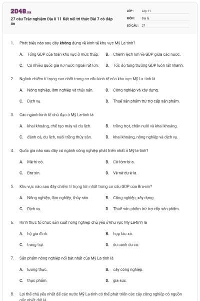 27 câu Trắc nghiệm Địa lí 11 Kết nối tri thức Bài 7 có đáp án