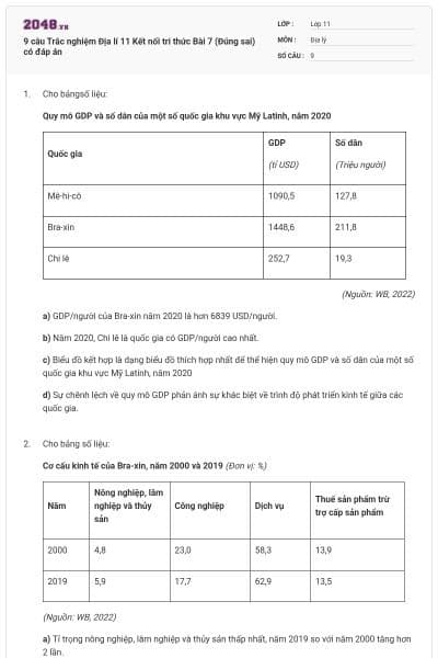 9 câu Trắc nghiệm Địa lí 11 Kết nối tri thức Bài 7 (Đúng sai) có đáp án