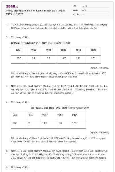 16 câu Trắc nghiệm Địa lí 11 Kết nối tri thức Bài 9 (Trả lời ngắn) có đáp án