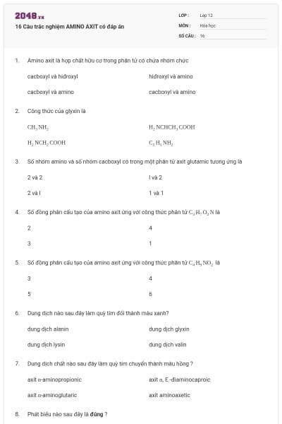 16 Câu trắc nghiệm AMINO AXIT có đáp án