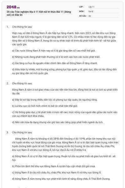 26 câu Trắc nghiệm Địa lí 11 Kết nối tri thức Bài 11 (Đúng sai) có đáp án