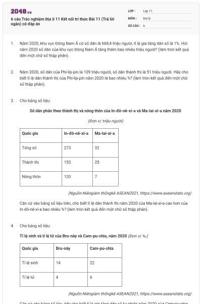 6 câu Trắc nghiệm Địa lí 11 Kết nối tri thức Bài 11 (Trả lời ngắn) có đáp án