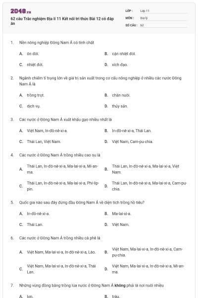 62 câu Trắc nghiệm Địa lí 11 Kết nối tri thức Bài 12 có đáp án