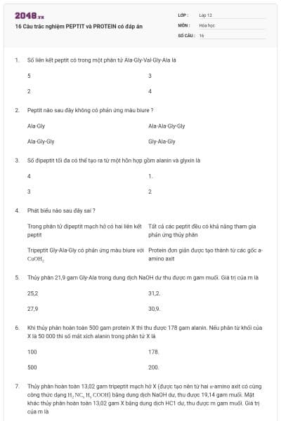16 Câu trắc nghiệm PEPTIT và PROTEIN có đáp án
