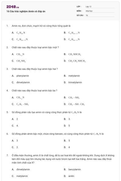 16 Câu trắc nghiệm Amin có đáp án