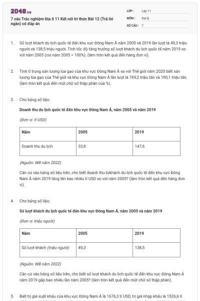 7 câu Trắc nghiệm Địa lí 11 Kết nối tri thức Bài 12 (Trả lời ngắn) có đáp án