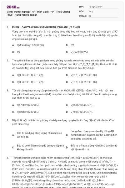 Đề thi thử tốt nghiệp THPT môn Vật lí THPT Triệu Quang Phục - Hưng Yên có đáp án