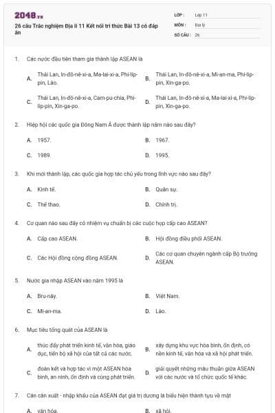 26 câu Trắc nghiệm Địa lí 11 Kết nối tri thức Bài 13 có đáp án