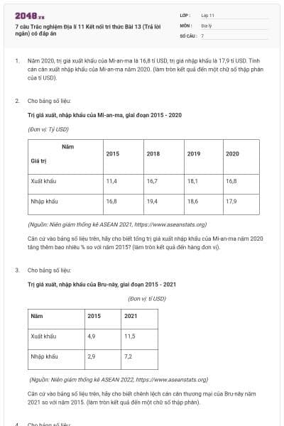 7 câu Trắc nghiệm Địa lí 11 Kết nối tri thức Bài 13 (Trả lời ngắn) có đáp án