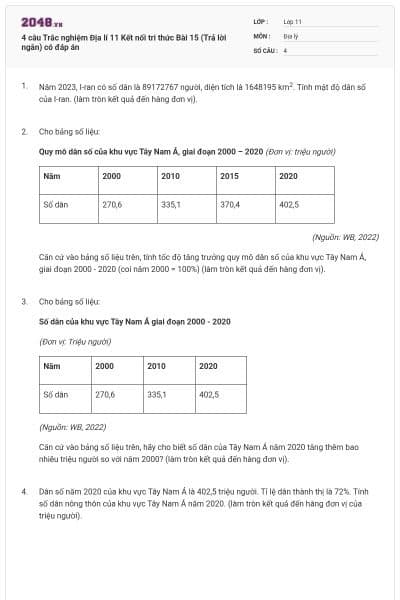 4 câu Trắc nghiệm Địa lí 11 Kết nối tri thức Bài 15 (Trả lời ngắn) có đáp án