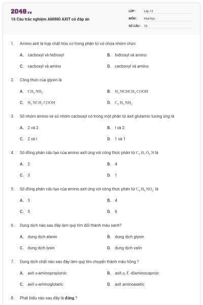 16 Câu trắc nghiệm AMINO AXIT có đáp án