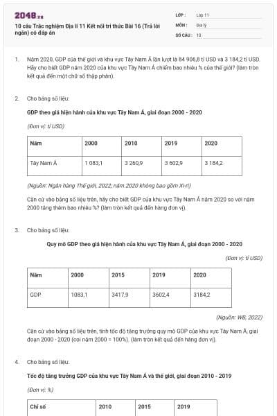 10 câu Trắc nghiệm Địa lí 11 Kết nối tri thức Bài 16 (Trả lời ngắn) có đáp án